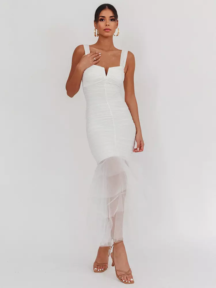 Casual Ruffle Ruched Layered Open Shoulder Hem Sleeveless Maxi Dress - Image 8