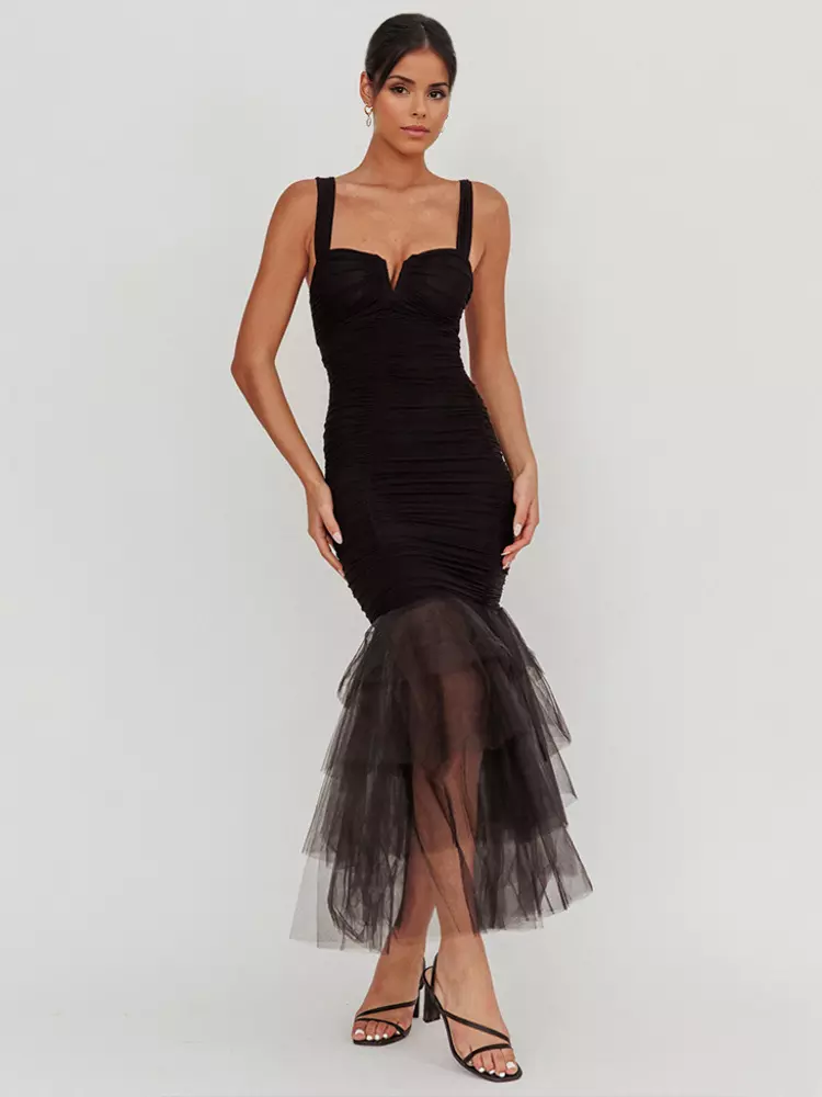 Casual Ruffle Ruched Layered Open Shoulder Hem Sleeveless Maxi Dress - Image 9