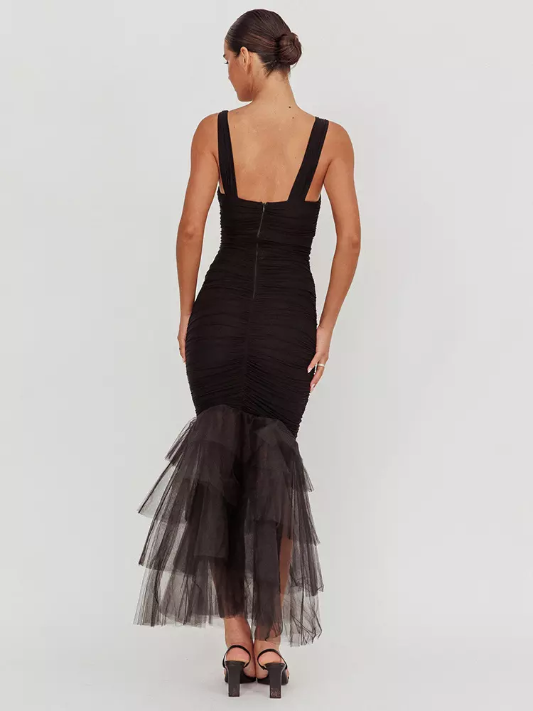 Casual Ruffle Ruched Layered Open Shoulder Hem Sleeveless Maxi Dress - Image 11