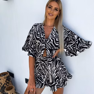 Casual Ruffles Half Sleeve High Waist With Pockets Print Bowknot Lace-up Jumpsuit