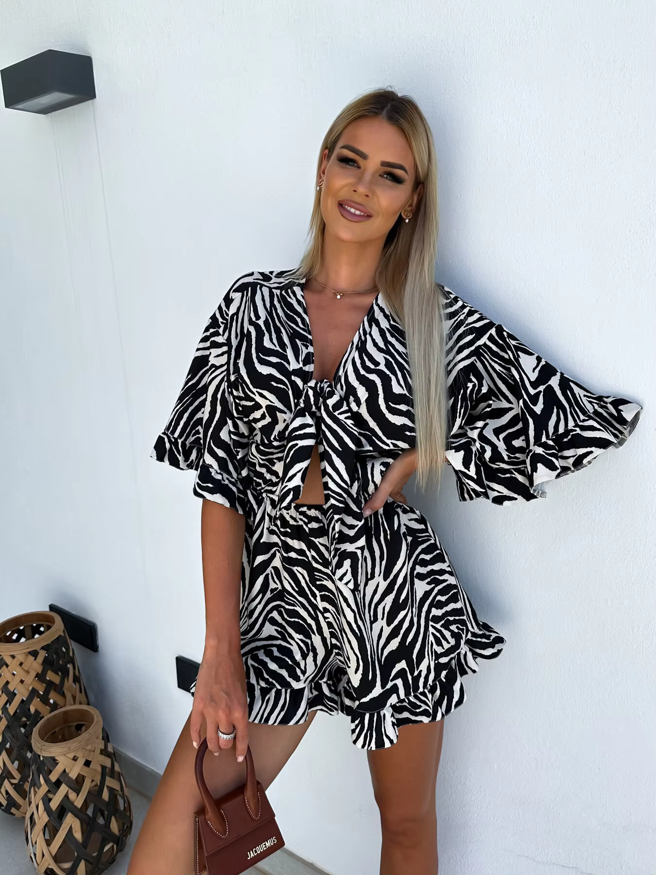 Casual Ruffles Half Sleeve High Waist With Pockets Print Bowknot Lace-up Jumpsuit