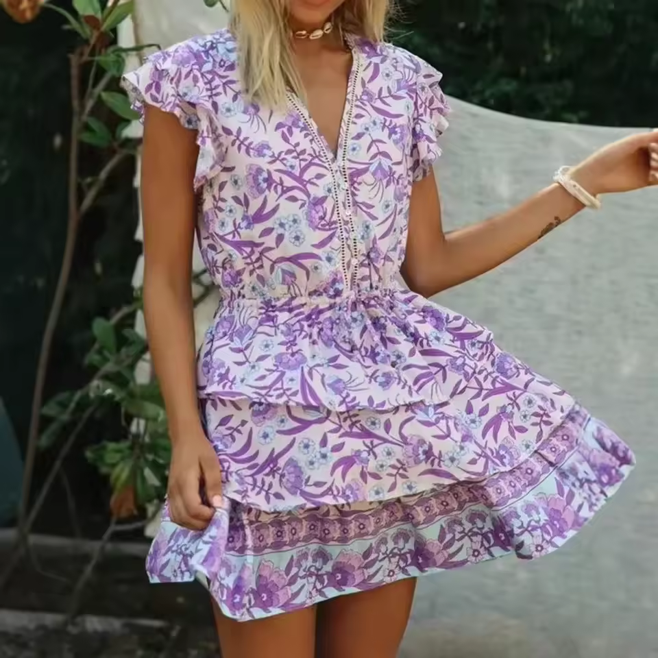 Casual Ruffles Sleeve Wild Floral Print Beach Bohemian Mini Dress