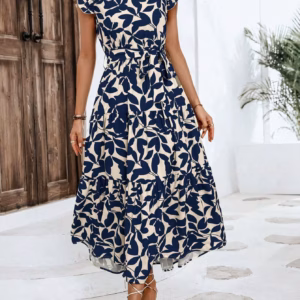 Casual Sashes Floral Print O-Neck Fly Sleeve Lace Up Midi Dresses