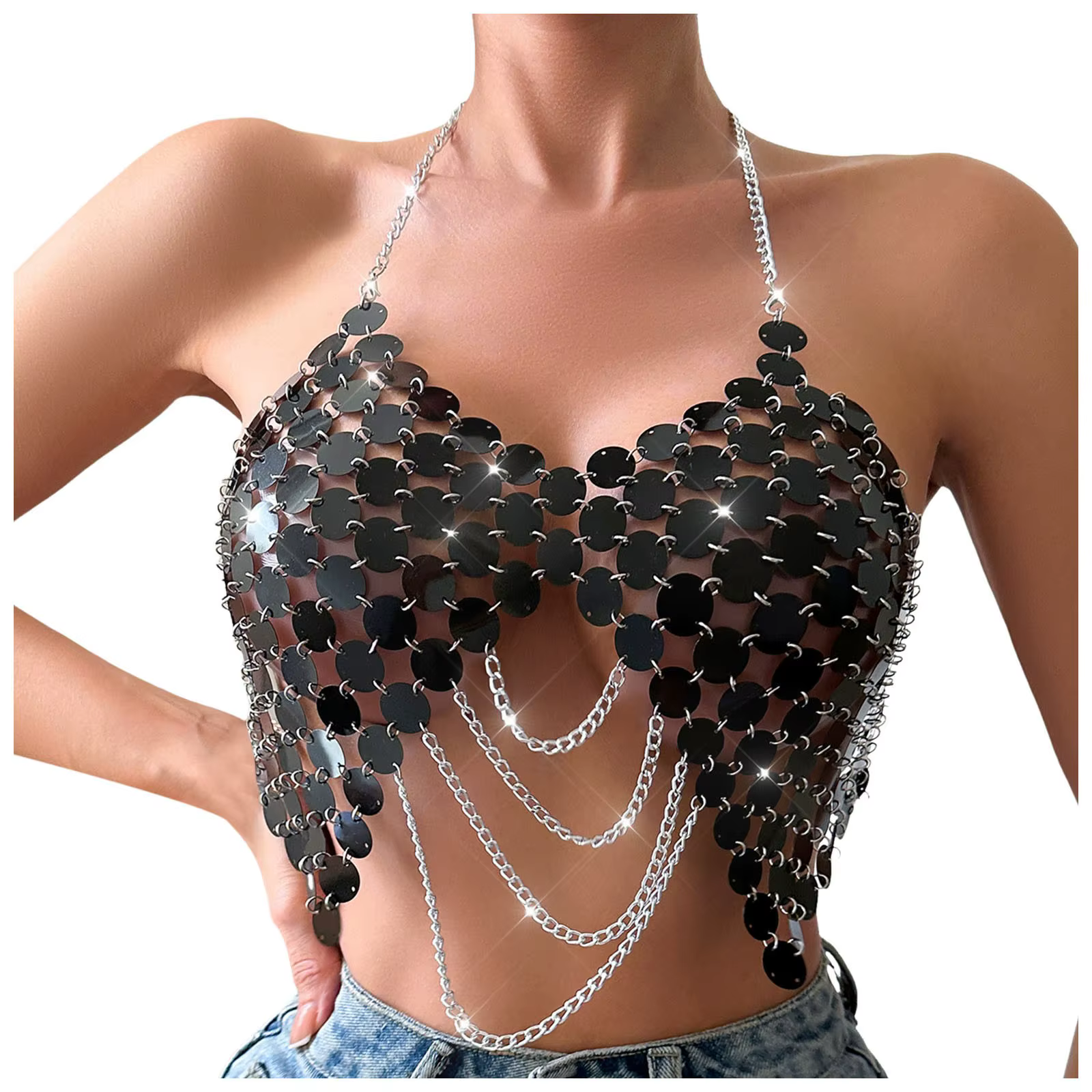 Casual Sequin Backless Chain Broadcloth Outfit Sparkly Crop Top