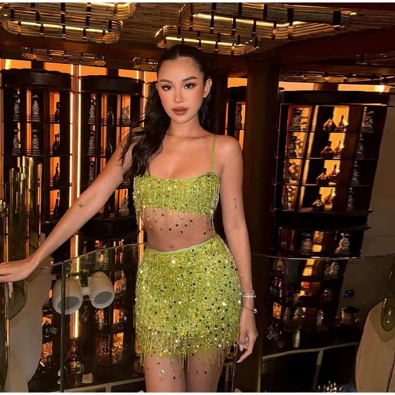 Casual Sequin Bead Print Lace Up Flower Slim Straight Mini Skirt