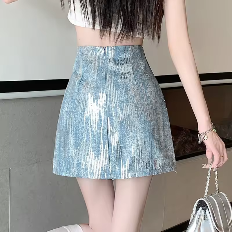Casual Sequined A Line Mini Slim High Waist Skirts Streetwear - Image 6