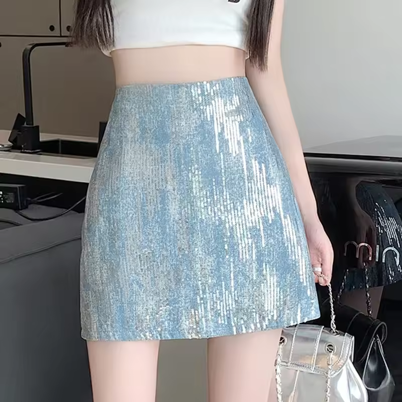 Casual Sequined A Line Mini Slim High Waist Skirts Streetwear - Image 2