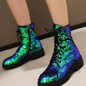 Casual Sequined Ankle Flat Daily Casual Round Toe Lace Up Booties