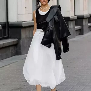 Casual Sheer Tulle A-line Layered Design Elastic Waist Long Skirt