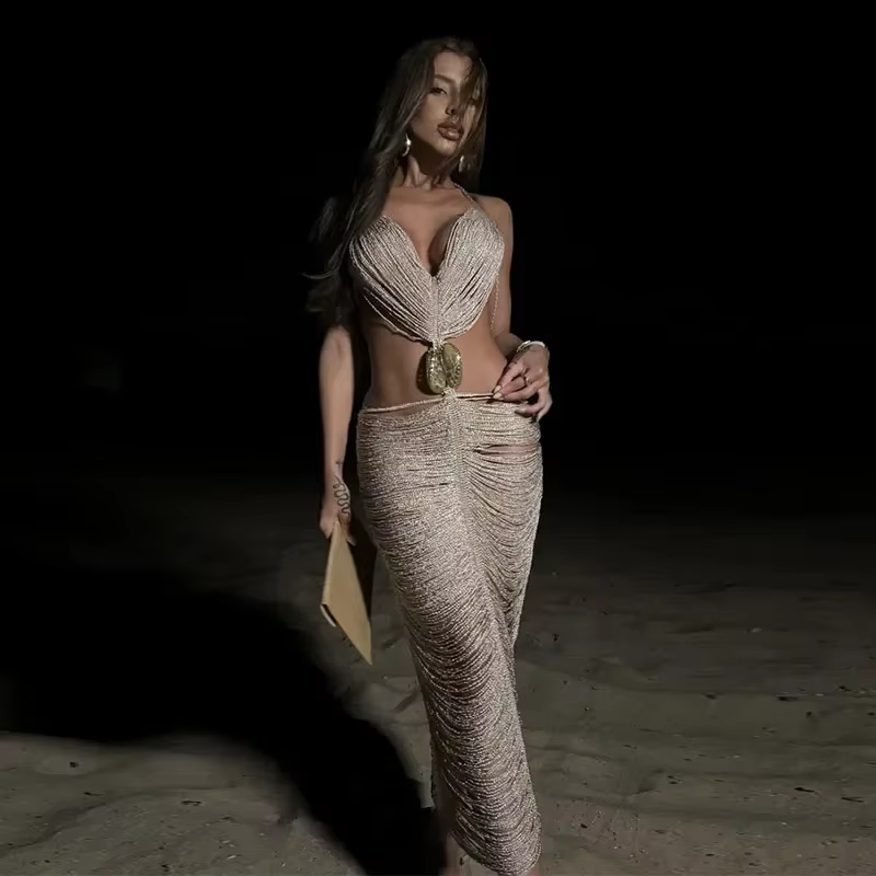 Casual Shell Tassel Halter Hollow Out Sleeveless Backless Long Maxi Dresses - Image 11