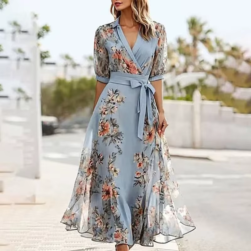 Casual Short Sleeve Bohemian Floral Print V Neck Tie-up Long Maxi Dress