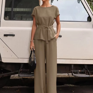 Casual Short Sleeve Shirt With High Waist Wide Pants Two Pieces Set