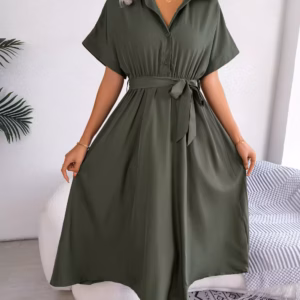 Casual Short Sleeve Slim Waist Shirt Turn-down Collar Midi Dress