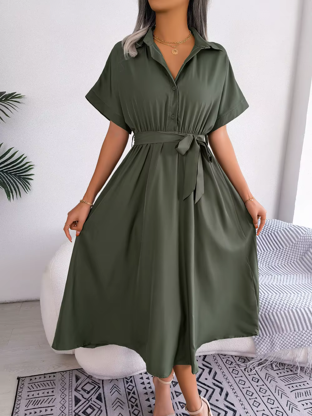 Casual Short Sleeve Slim Waist Shirt Turn-down Collar Midi Dress