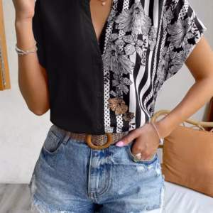 Casual Single Breasted Floral V-Neck Short Sleeve Bohemian Printed Shirt
