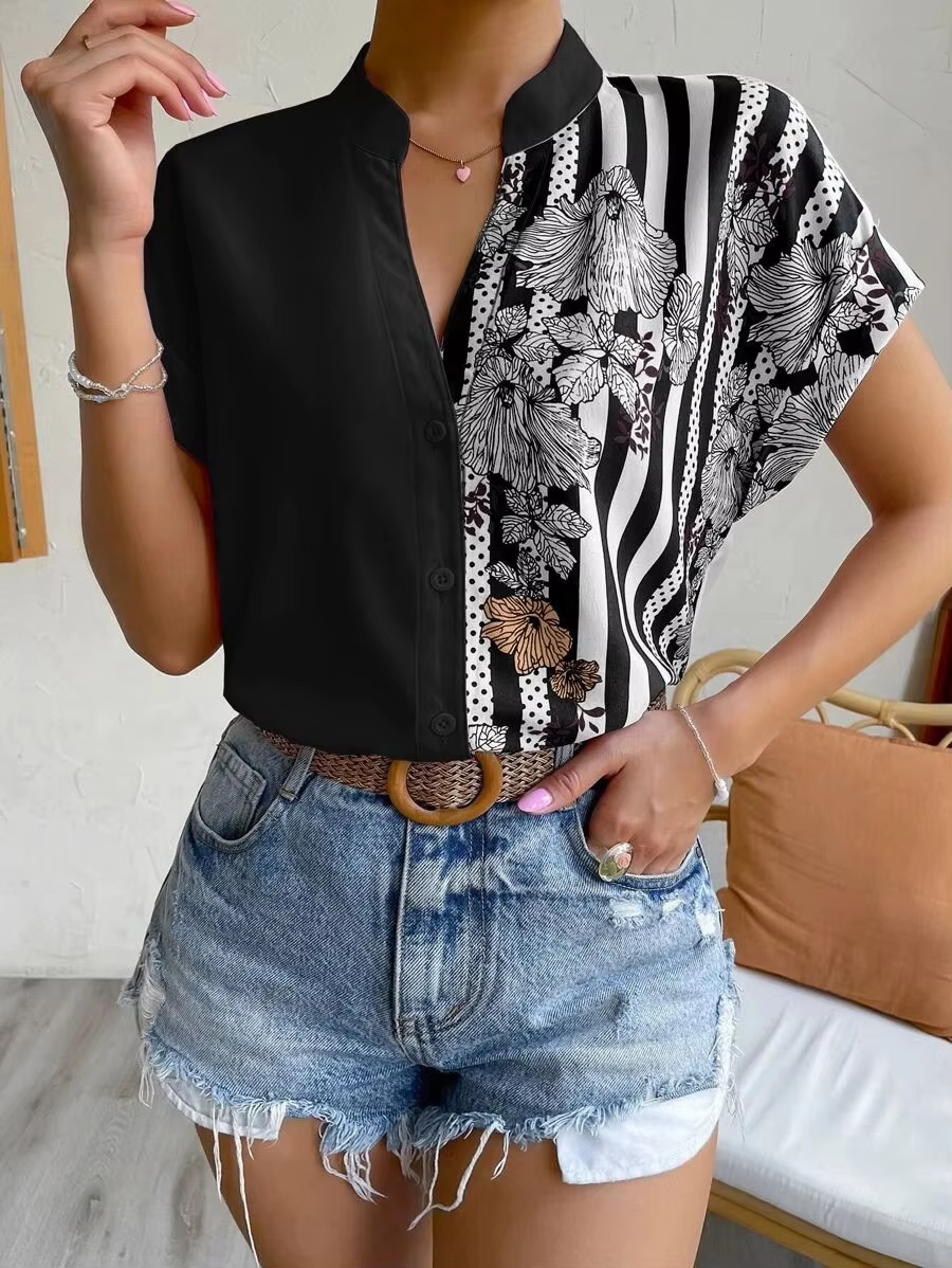 Casual Single Breasted Floral V-Neck Short Sleeve Bohemian Printed Shirt