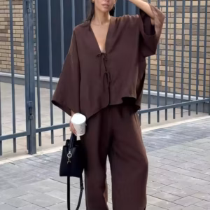 Casual Lace Up Full Sleeve Vocation Beach Cotton Loose Pants Tops Suits