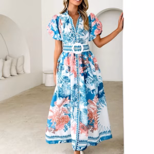 Casual Single Breasted Short Sleeve High Waist Printed Loose Maxi Dress