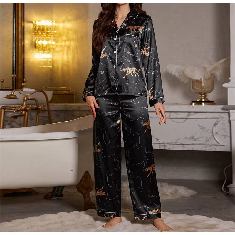 Casual Sleepwear Satin Printed Long Sleeved Top Long Pants Two Piece Set