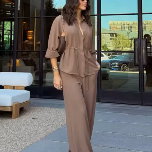 Casual Sleeve Lapel Design Loose Top Solid Elastic Waist Trousers Two Piece Set