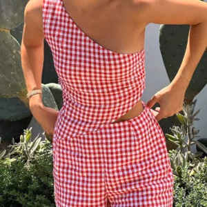 Casual Sleeveless One Shoulder Tank Tops And High Waist Shorts 2 Piece Outfits