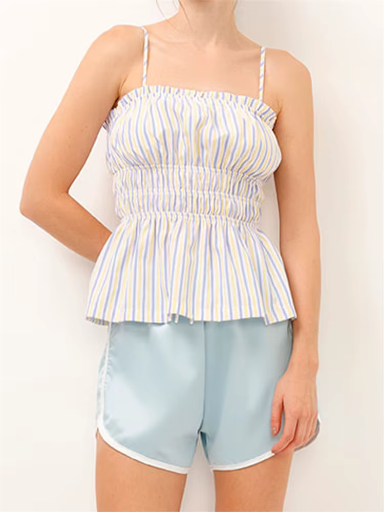 Casual Sleeveless Strap Backless Striped Print Tops And Ruffles Hem Vest Shorts - Image 2