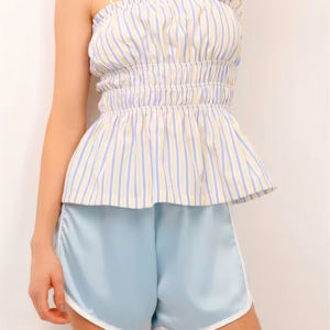 Casual Sleeveless Strap Backless Striped Print Tops And Ruffles Hem Vest Shorts