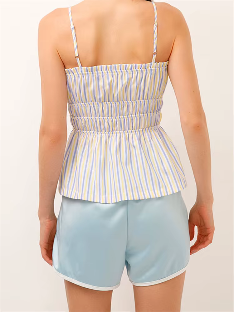 Casual Sleeveless Strap Backless Striped Print Tops And Ruffles Hem Vest Shorts - Image 3
