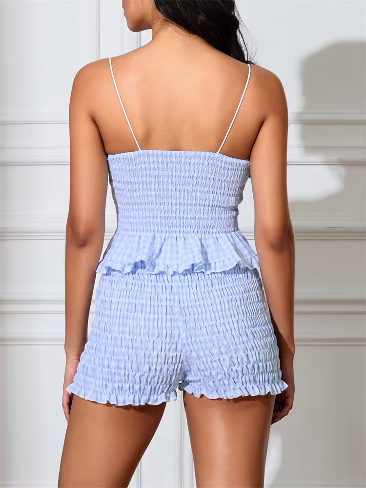 Casual Sleeveless Strap V Neck Buttons Up Camis Tops Ruched Shorts Plaid Print Two Pieces Sets - Image 5