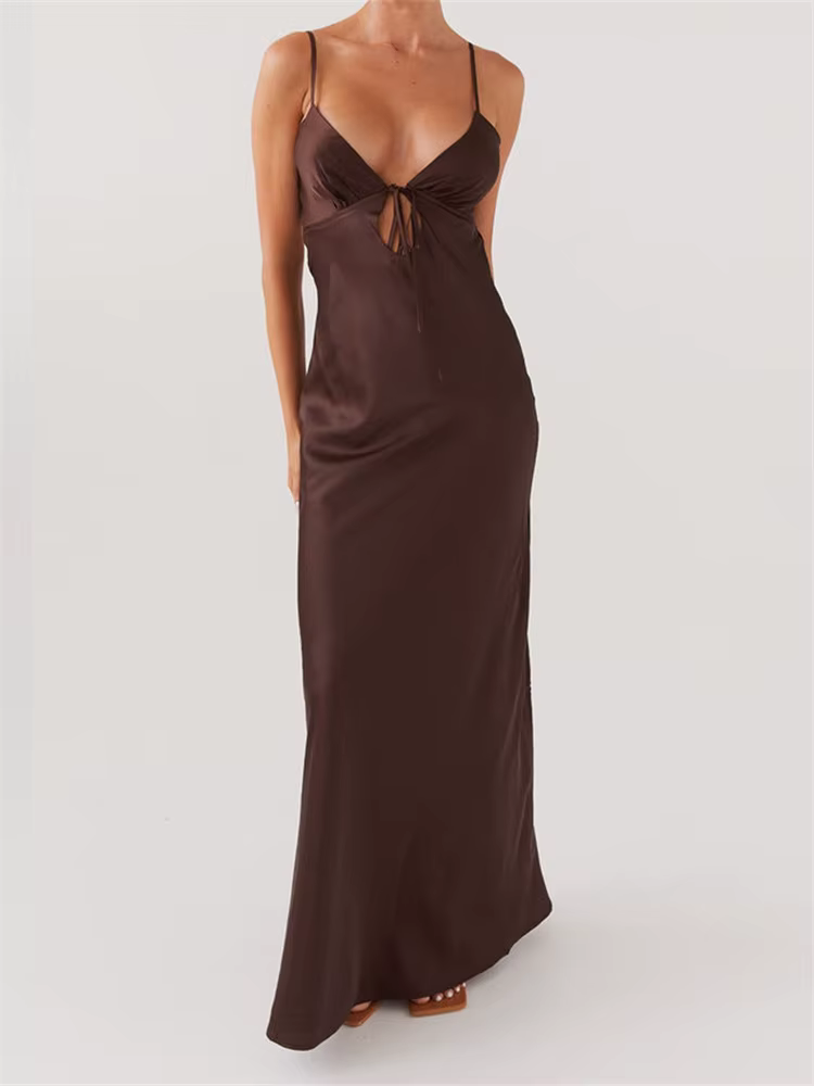 Casual Sleeveless Strap V-neck Front Tie-Up Backless Long Maxi Dress