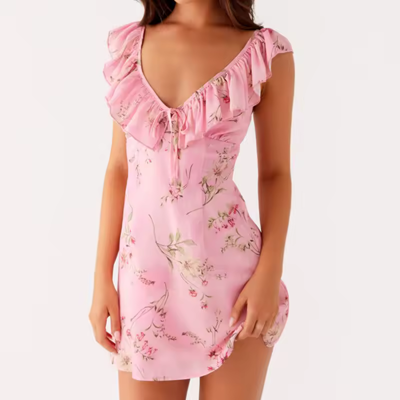 Casual Sleeveless V Neck Backless Tie-up Floral Print Mini Dress