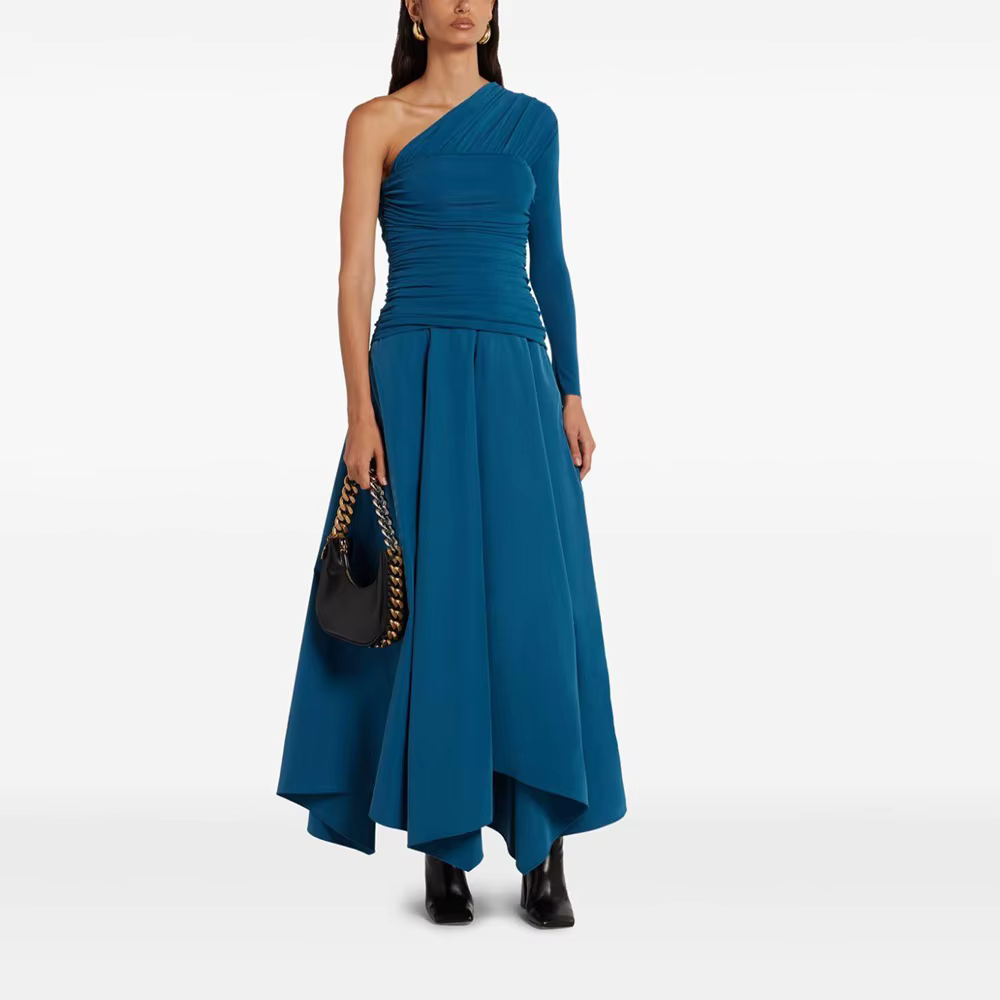 Casual Solid Diagonal Neck Long Sleeves Patchwork Folds Maxi Dress