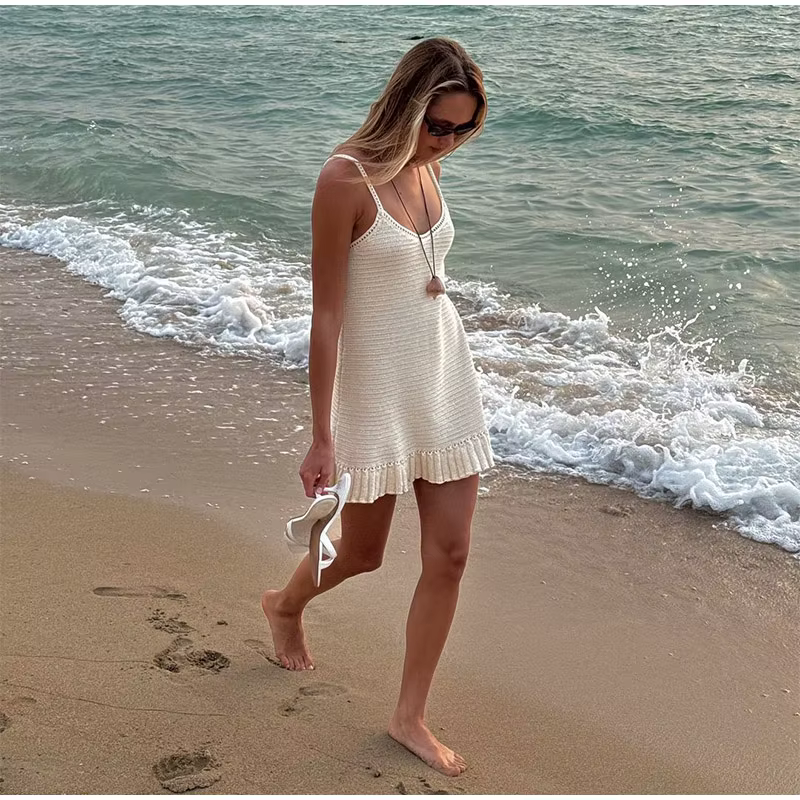 Casual Solid Hollow Out Strapless Sleeveless Halter Beach Knitted Dresses