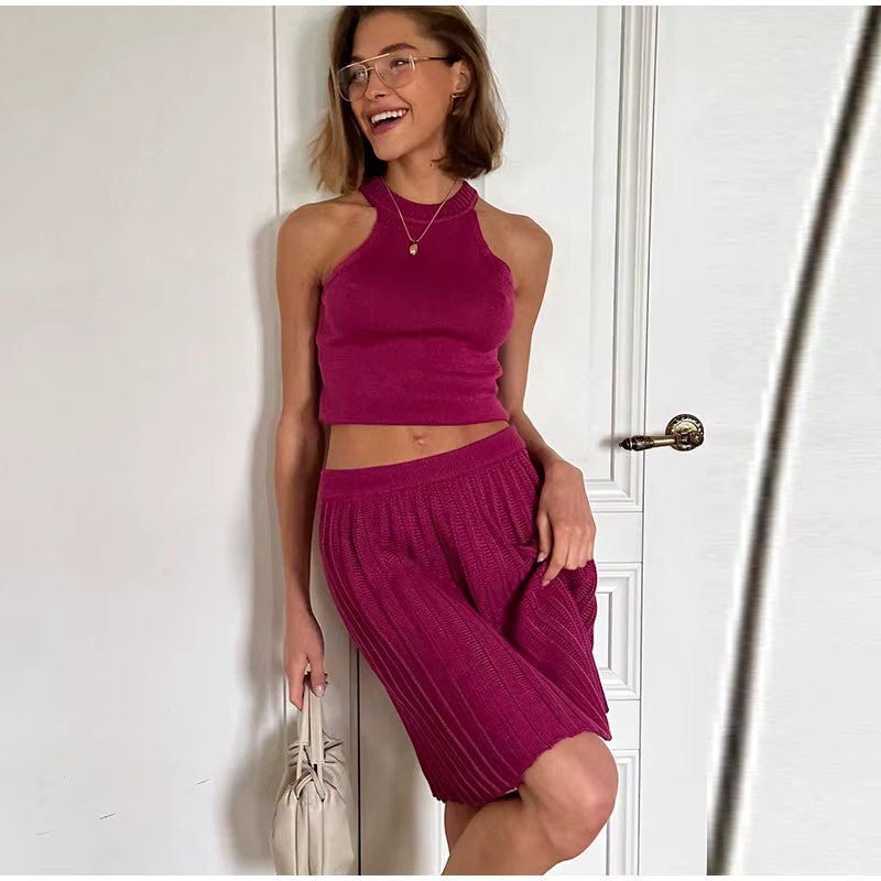 Casual Solid Knitted Vest Halter Sleeveless Short Top Pleated Elastic A-line Mini Skirt Two Piece Set