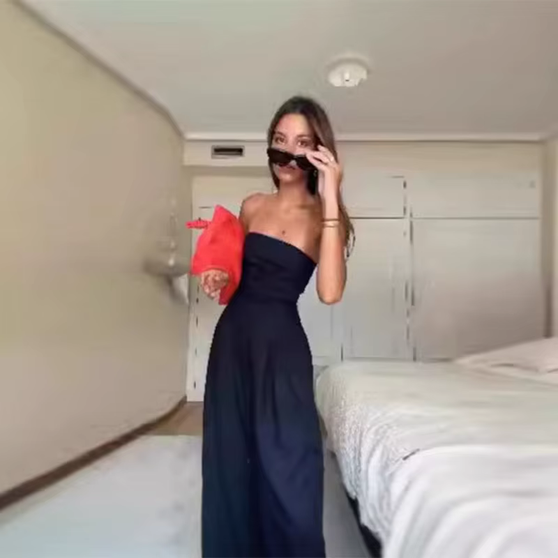 Casual Solid Pleated Strapless Sleeveless Backless Wide Leg Jumpsuit - Image 10