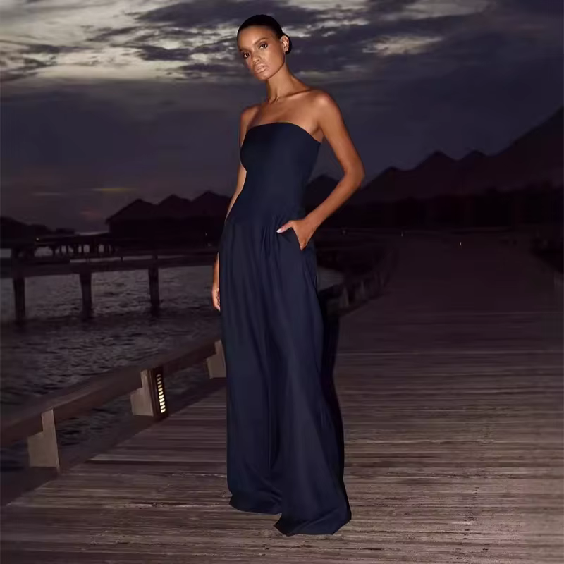 Casual Solid Pleated Strapless Sleeveless Backless Wide Leg Jumpsuit - Image 8