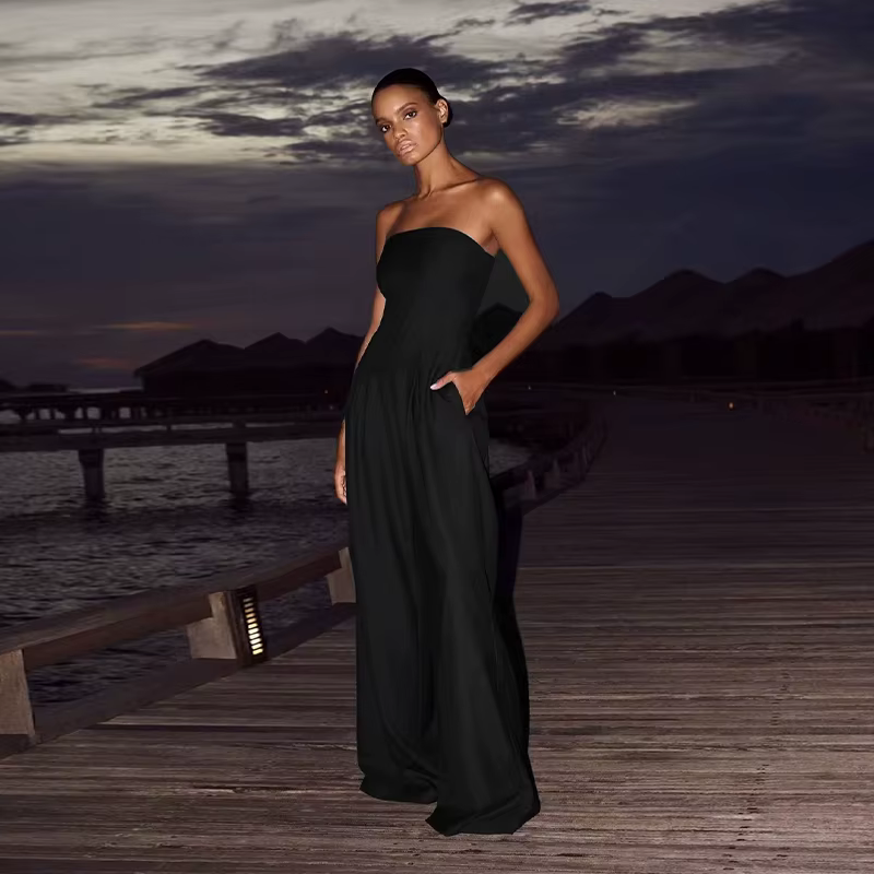 Casual Solid Pleated Strapless Sleeveless Backless Wide Leg Jumpsuit - Image 2