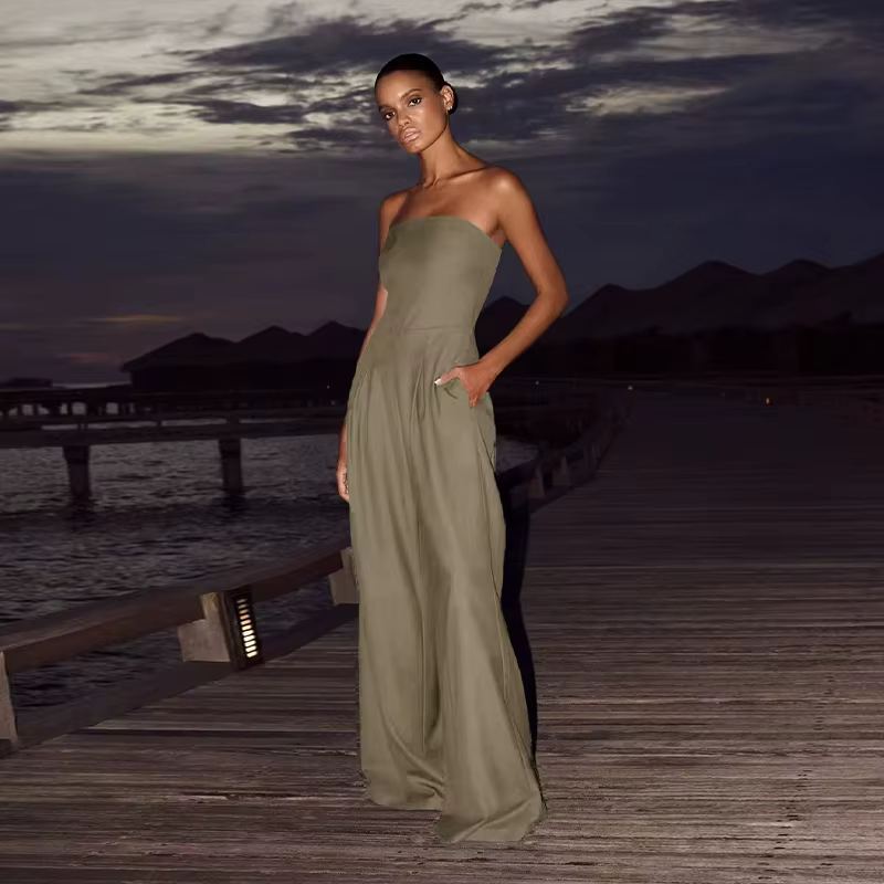 Casual Solid Pleated Strapless Sleeveless Backless Wide Leg Jumpsuit - Image 5