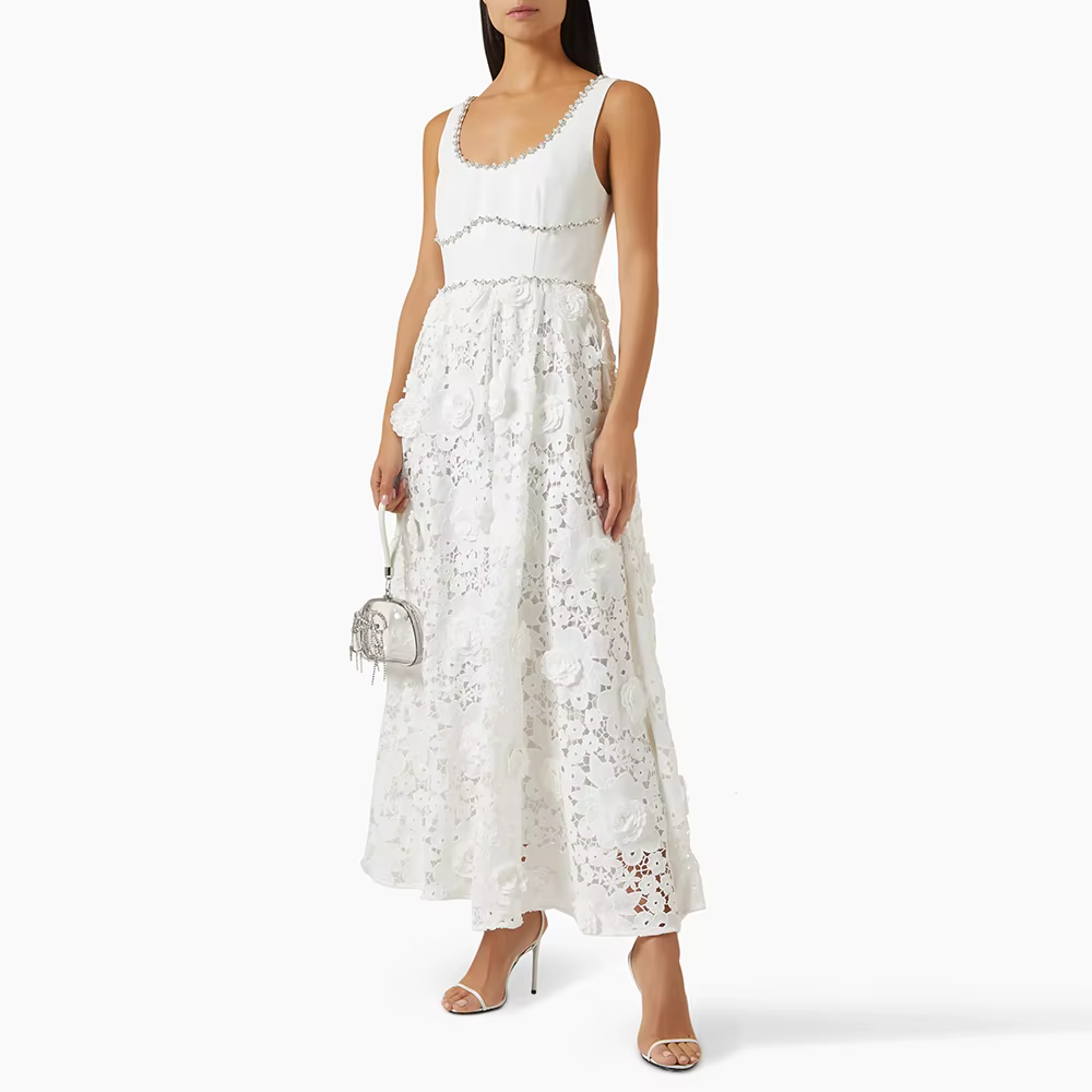 Casual Solid Square Neck Sleeveless Patchwork Applique Midi Dress