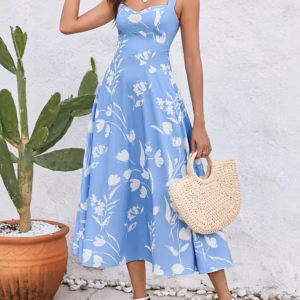 Casual Spaghetti Strap Double Layer Print Sleeveless V-neck Midi Dress