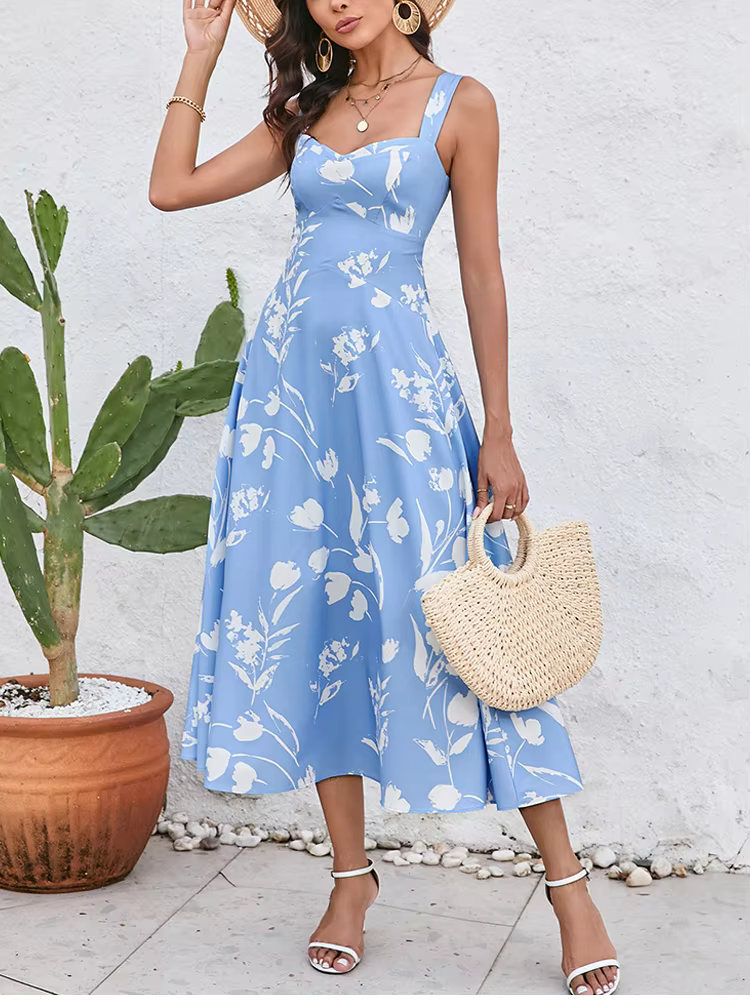 Casual Spaghetti Strap Double Layer Print Sleeveless V-neck Midi Dress