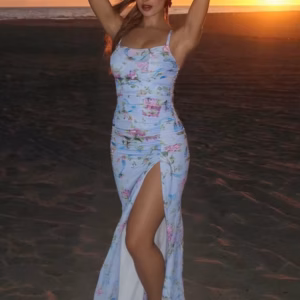 Casual Spaghetti Strap Printed Backless Sleeveless Side Slit Maxi Dress