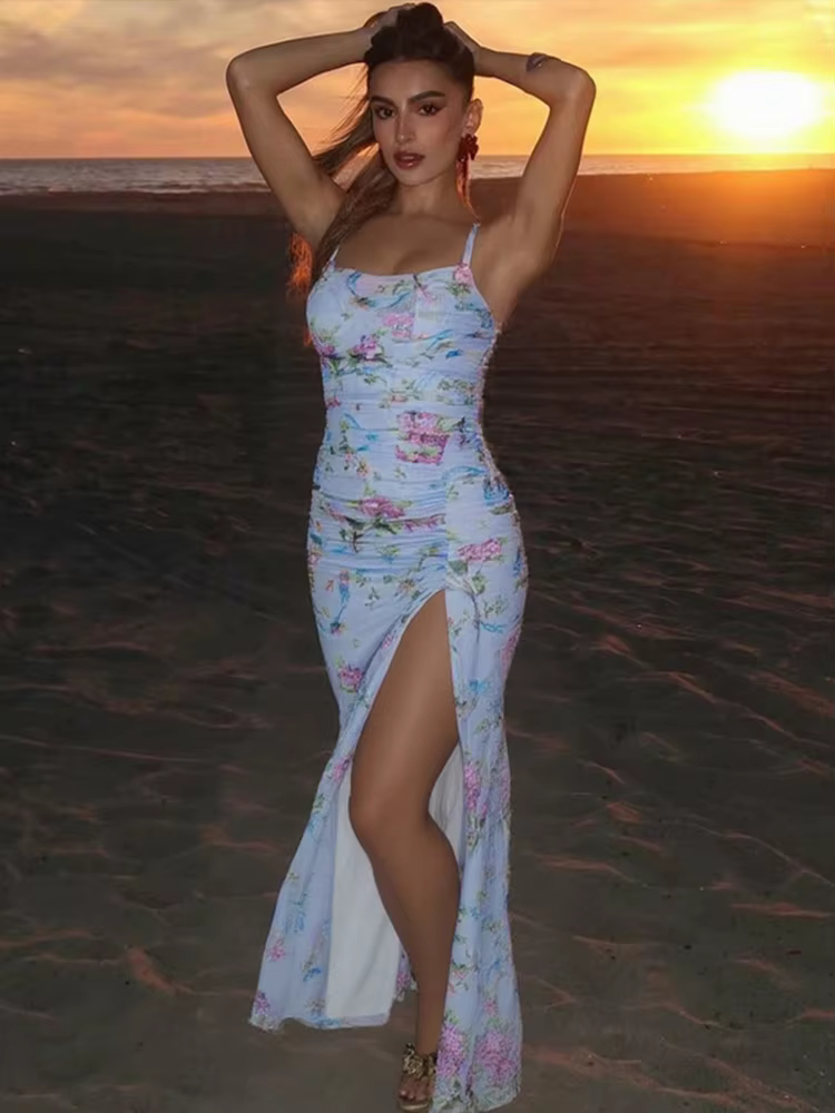 Casual Spaghetti Strap Printed Backless Sleeveless Side Slit Maxi Dress