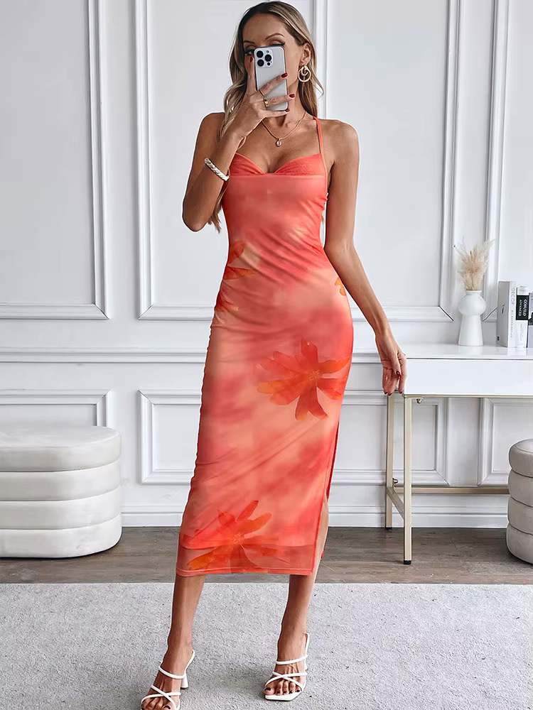 Elegant Spaghetti Strap Slim Printed Sling Backless Maxi Dress Streetwear - Image 5