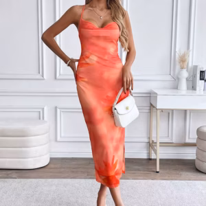 Elegant Spaghetti Strap Slim Printed Sling Backless Maxi Dress Streetwear
