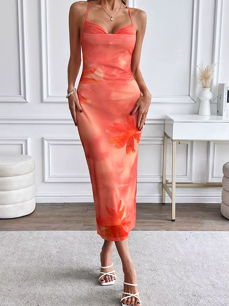 Elegant Spaghetti Strap Slim Printed Sling Backless Maxi Dress Streetwear - Image 3