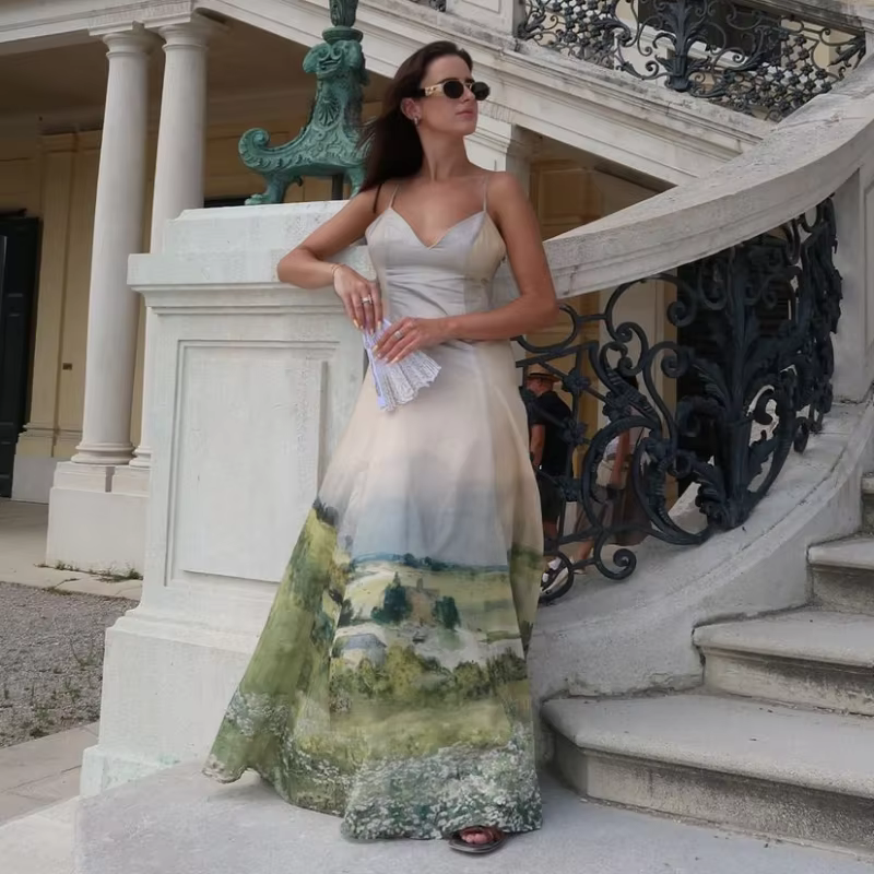 Casual Spaghetti Strap Tie Dye V-neck Sleeveless Backless A-line Long Maxi Dress