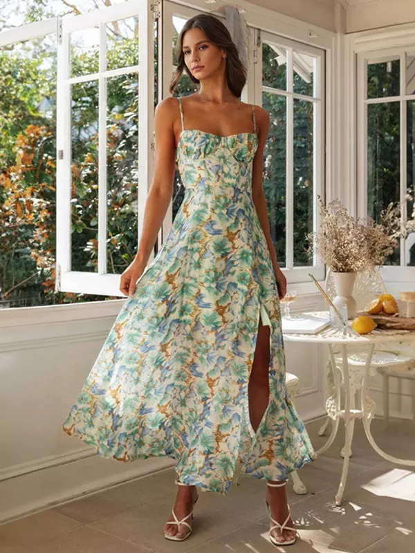 Casual Floral Print Spaghetti Straps High Slit Backless Corset Maxi Dress - Image 5