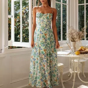 Casual Floral Print Spaghetti Straps High Slit Backless Corset Maxi Dress