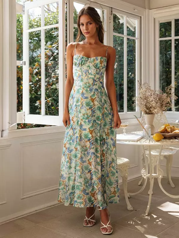 Casual Floral Print Spaghetti Straps High Slit Backless Corset Maxi Dress